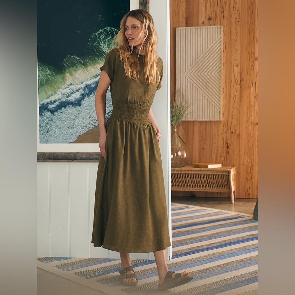 Faherty Coast to Coast Midi Dress Military Olive Size Small NWT